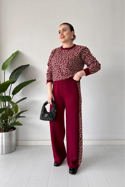 MaziButik Leopard Sweater Double Suit Burgundy