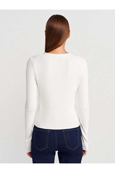 Dilvin 10805 V-Neck Buttoned Knitwear Sweater-Ecru