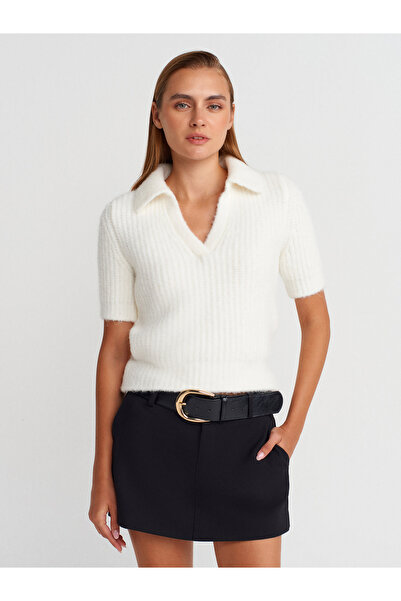 Dilvin 10814 Polo Neck Soft Textured Knit Sweater-Ecru
