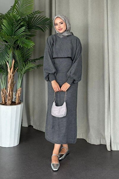 Şulemoda Giyim Crop Görünümlü Triko Elbise Füme