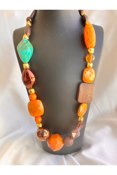 COCOSH TAKI Turuncu turkuaz kahverengi taşlı çoklu tasarım kolye