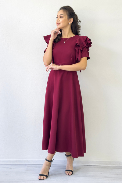 zks grup tekstil Rochie de damă cu volan pe umăr, cu detaliu curea, lungime m...