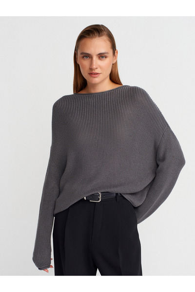 Dilvin 10804 Boat Neck Basic Knitwear Sweater-Smoked