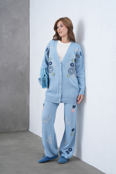 Miss Allos Women's Beaded Wide-Fit Knitwear Cardigan and Pants Bottom-Top Set