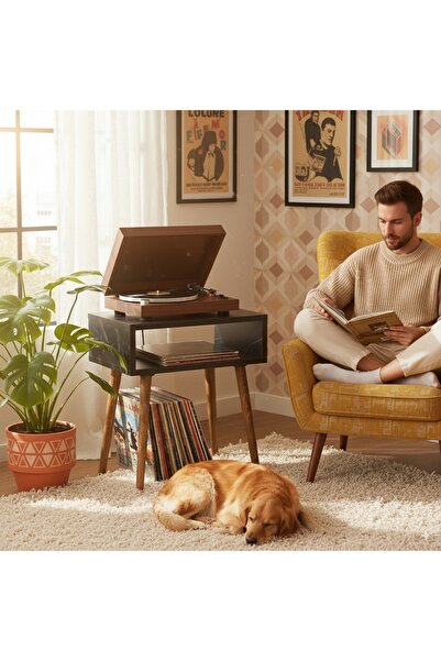 RMD SHOP Royal Plak ve Pikap Çalar Sehpası Siyah Mermer Desenli