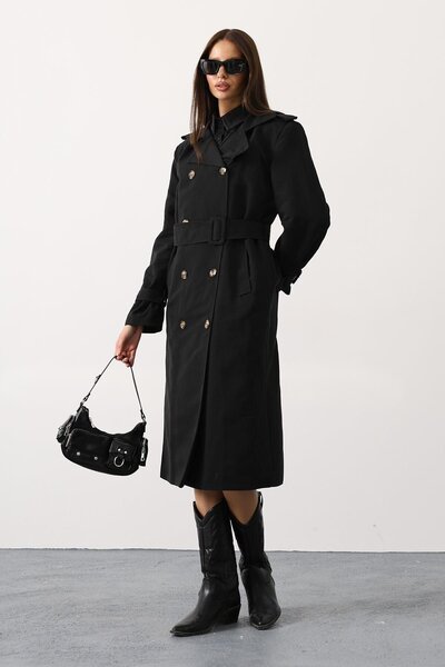 VAGGON Buttoned Belt Closure Double Pocket Long Trench Coat