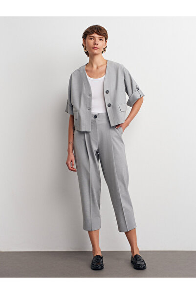 Dilvin 72168 Pleated and Waist-Cut Trousers-Light Gray