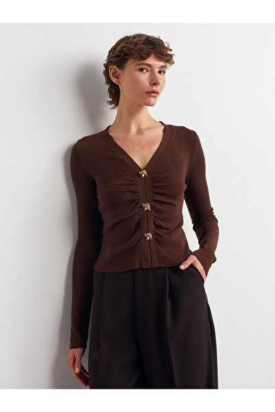 Dilvin 10805 V Yaka Düğmeli Triko Kazak-Kahve
