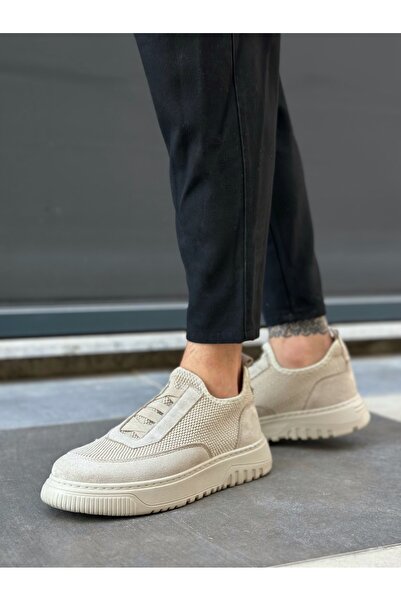 TUGERDİ Beige Special Knitted Knitwear Leather Powder Detailed Light Sole Men's Sports Shoes Tge2301061