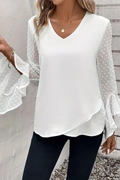 Mossta V-Neck Spanish Sleeve Sandy Blouse - White