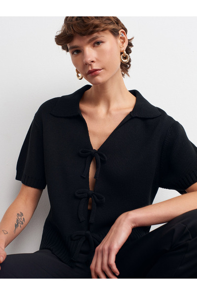 Dilvin 10809 Bowknot Knitwear Top-Black