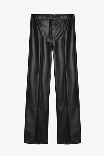 Quzu Pocket Detailed Wide Leg Leather Trousers Black