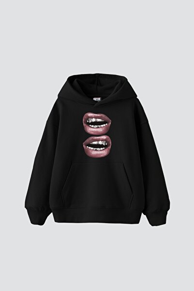Bak Moda Hanorac negru oversize unisex cu imprimeu V2 Lip Teeths