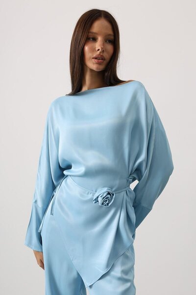 VAGGON Rose Brooch Tie Waist Asymmetric Cut Blouse and Elastic Waist Pants Satin Set