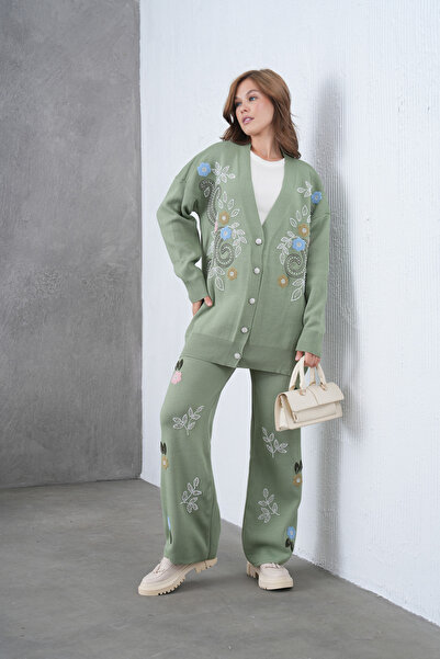 Miss Allos طقم نسائي مكون من كارديجان وبنطلون واسع مطرز بالخرز