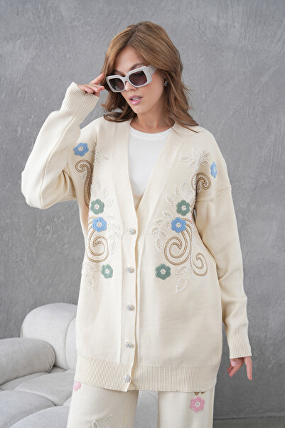 Miss Allos Women's Beaded Wide-Fit Knitwear Cardigan and Pants Bottom-Top Set