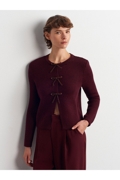 Dilvin 60983 İncili Fiyonk Aksesuarlı Triko Hırka-Bordo