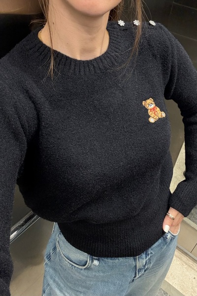 Noi Belis Soft Textured Teddy Bear Embroidered Knit Sweater Aw25Kz0031