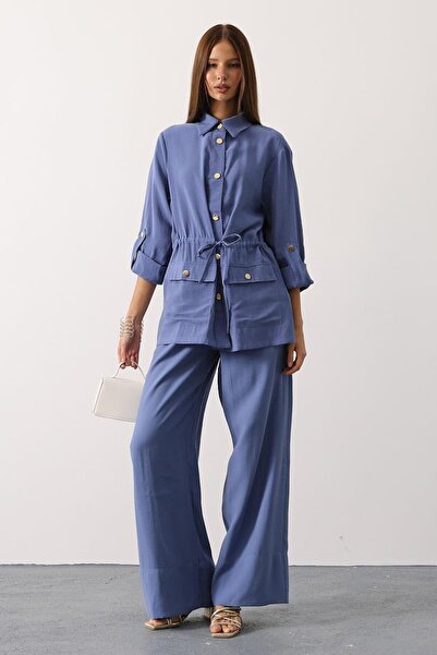 VAGGON Women's Indigo Gold Button Detailed Shirt Blouse and Palazzo Pants Set Vs01140