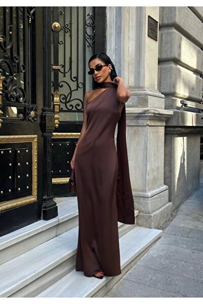 Bak Moda Satin Brown Dress with Shawl