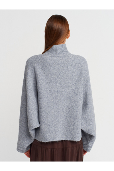 Dilvin 10817 Soft Textured Batwing Sleeve Knit Sweater-Dark Gray Mel.