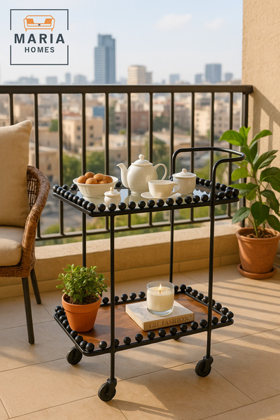 MARIA HOMES Serving Trolley with Wheels – Brown & Black Tea & Coffee Cart for Kitchen & Majlis (70×40×84 cm)
