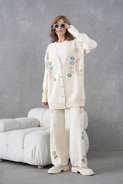 Miss Allos Women's Beaded Wide-Fit Knitwear Cardigan and Pants Bottom-Top Set