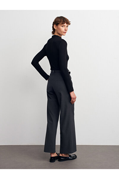 Dilvin 72171 Belted Wide-Leg Fabric Trousers-Anthracite