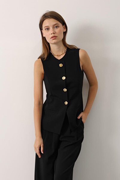 VAGGON Women's Black Gold Button Detailed Vest and Pleated Palazzo Pants Set Vs01148