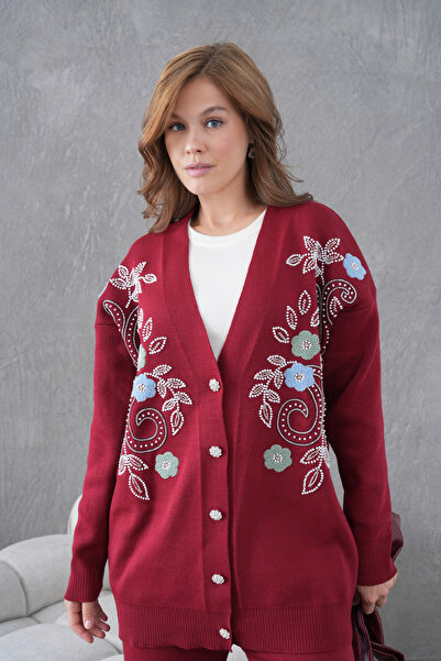 Miss Allos Women's Beaded Wide-Fit Knitwear Cardigan and Pants Bottom-Top Set