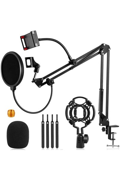 StrikingPower World Voiceover Giant Masa Tipi Condenser ve Dinamik Mikrofon Stand Seti - Telefon Tablet Tutuculu Stüdyo Ve Yayıncı Seti