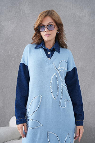 Miss Allos Γυναικείο φόρεμα με τζιν μανίκια, κεντημένο με γυάλινες πέρλες και παγιέτες, φαρδύ κορμάκι, μακρύ πλεκτό φόρεμα