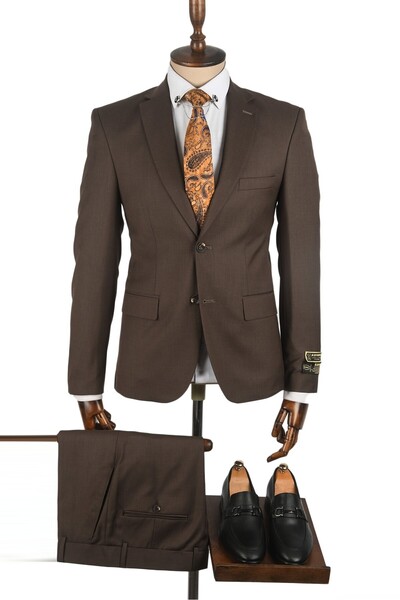 DeepSEA Men's Brown Slim Fit Double Button Double Slit 2 Piece Suit 2301012