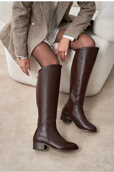 kalyoncu moda Dora Kahve Renkli Gerçek Deri Diz Altı Kadın Çizme