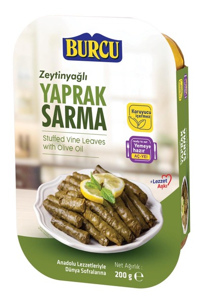 BURCU SARMALE IN FOAIE DE VITA UMPLUTE CU OREZ SI CEAPA IN ULEI DE MASLINE 200G