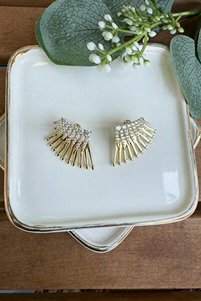 AURA ATELIER Ok Detaylı Üst Kısmı Taşlı Çelik Küpe Gold