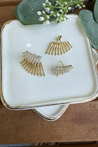 AURA ATELIER Ok Detaylı Üst Kısmı Taşlı Çelik Küpe Gold