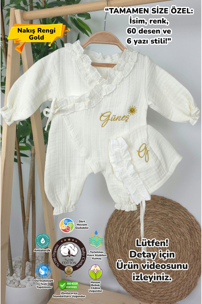 gros shop Müslin Yeni Doğan 4Katlı Organik %100Pamuk Kişiye Özgü Nakışlı Hast...