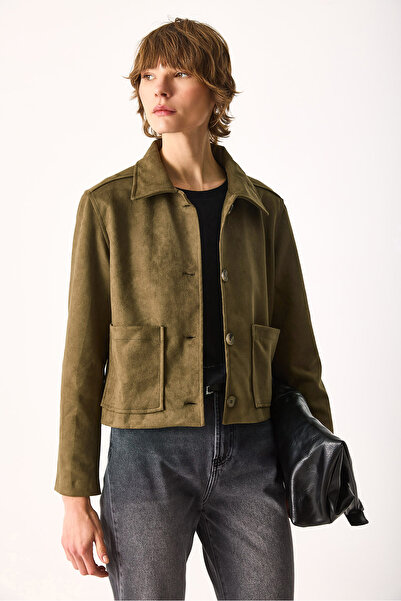 VENA Jachetă de piele de căprioară pentru femei, cu potrivire normală-KHAKI