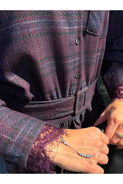 Sude Kızanlıklı Ekose Desen Dantelli Kemer Detaylı Elbise