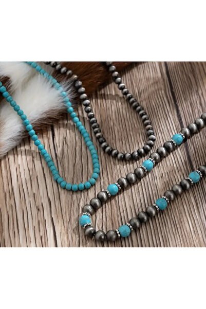 Store Kolye Turkuaz ve Gri Boncuklu 3 lü Kolye