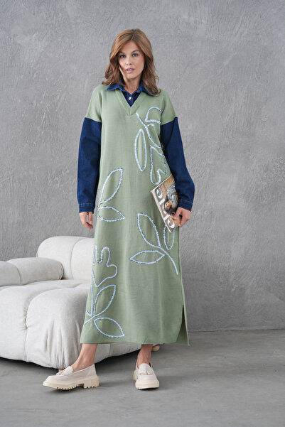 Miss Allos Rochie lungă din tricot pentru femei, cu mâneci din denim, cu perl...