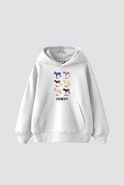 Bak Moda Hanorac alb oversize unisex cu imprimeu Howdy Cows