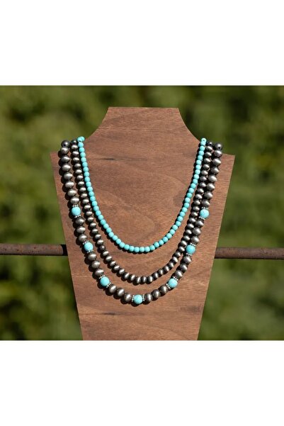 Store Kolye Turkuaz ve Gri Boncuklu 3 lü Kolye