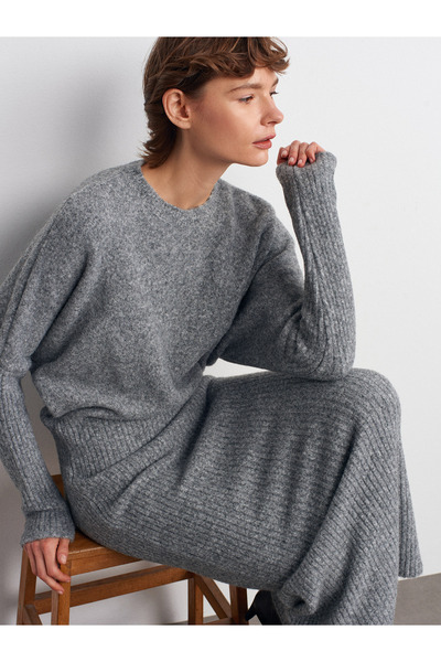 Dilvin 90260 Crew Neck Soft Textured Knitwear Dress-Smoked M.