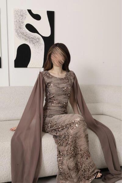 narvenia Beige bronze sequin dress with open sleeves