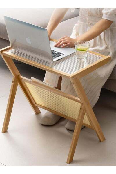 COOYA Rattan Side Table, Z Shape Mid Century End Table Modern Bamboo Accent Bedside Nightstand Tables
