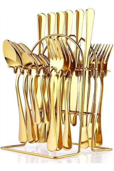 COOYA 24 PCS Flatware Set,Stainless Steel Mirror Polish Cutlery Set,with Holder,Dishwasher Safe,Gold