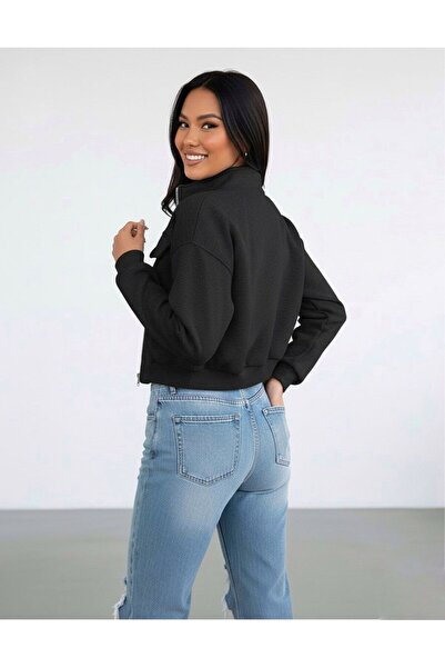 dwnwear Women's Stand Collar Pocketed Crop Jacket