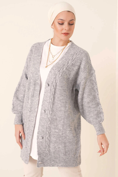 hazelin Women's Light Grey Hair Weave Pattern Long Buttoned Relaxed Fit Knitwear Cardigan Hzl23W-Bd1100691